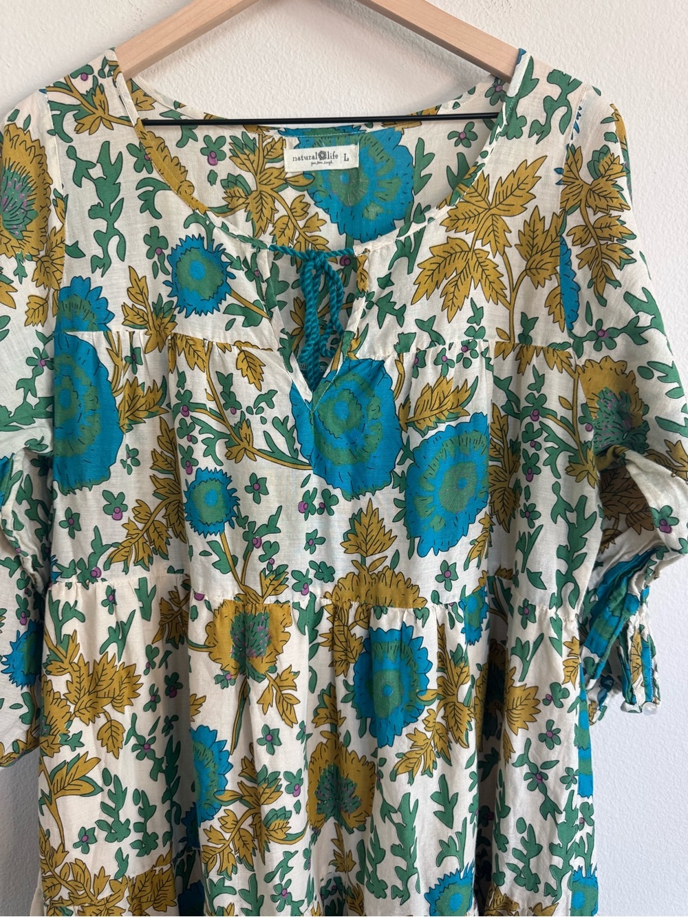NATURAL LIFE Floral Tiered Midi Dress 100% Cotton Lined Boho Tassel Tie Large - Picture 3 of 11
